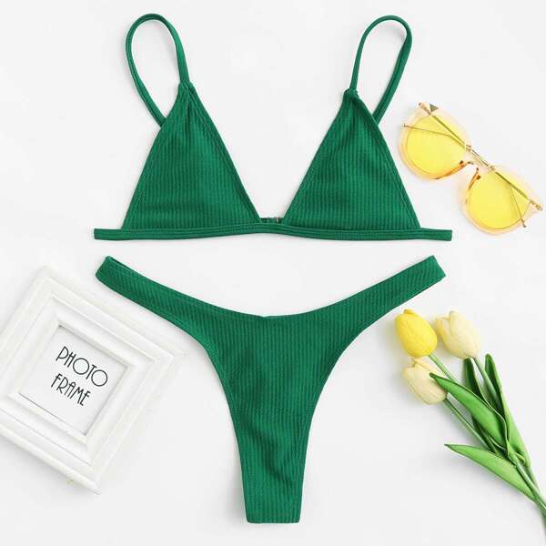 

Ribbed Triangle Top With High-cut Bikini Set, Green