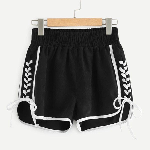

Contrast Binding Lace Up Side Dolphin Shorts, Black