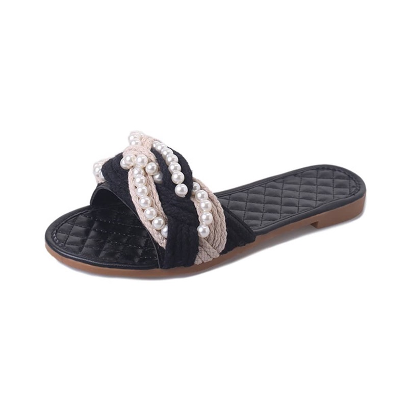 

Faux Pearl Detail Woven Flat Sandals, Black and white