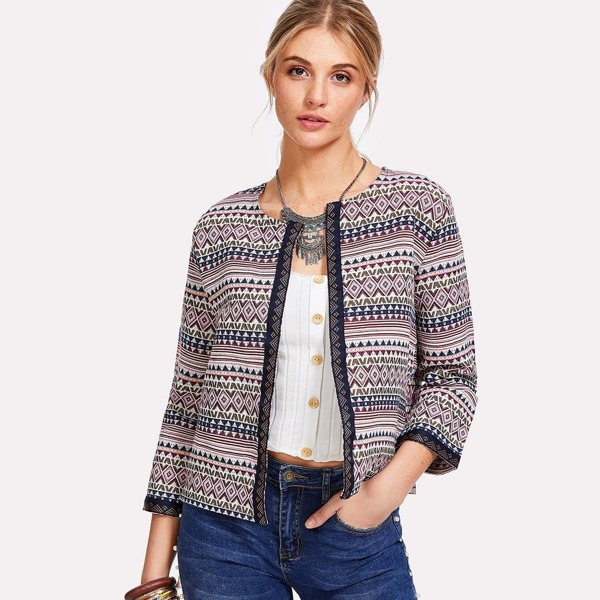 

Embroidered Tape Detail Geo Print Jacket