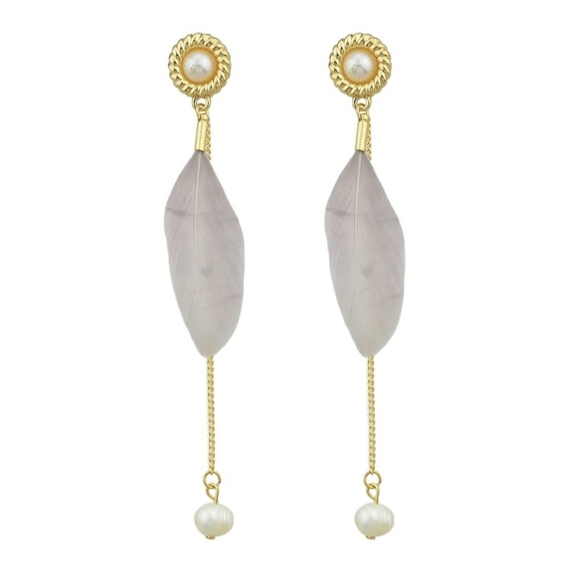 

Gray Elegant Feather Long Earrings, Gold