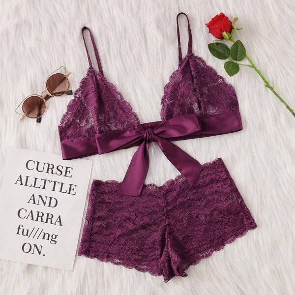 

Tie Front Lace Bralette And Pantie Lingerie Set