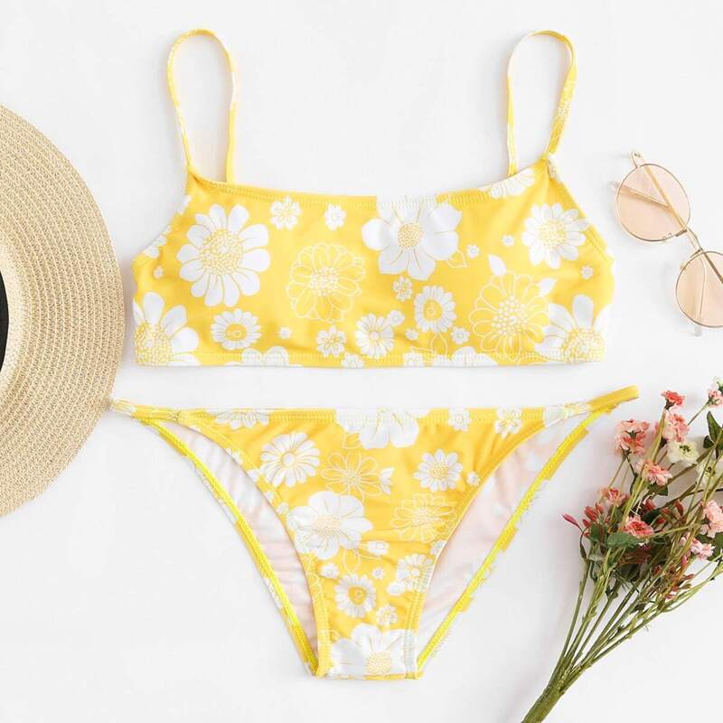 

Flower Print Spaghetti Strap Bikini Set, Multicolor