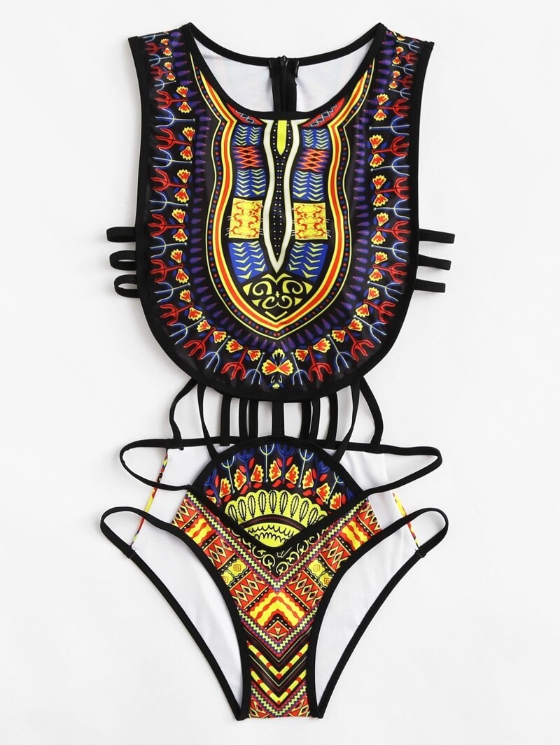 

Geometric Pattern Ladder Cut Out Swimsuit, Multicolor