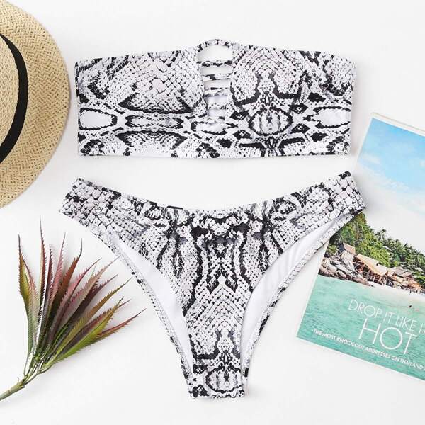 

Snake Print Bandeau With High Leg Bikini Set, Black and white