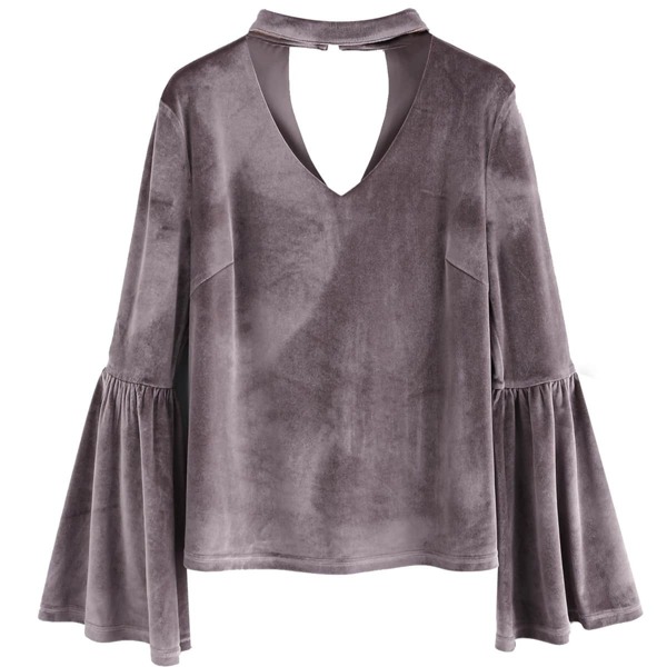 

Choker Neck Trumpet Sleeve Velvet Top, Grey