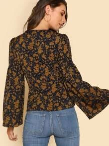 SHEIN Lantern Sleeve Lace Up Plunge Neck Floral Top - Multicolor - View 4