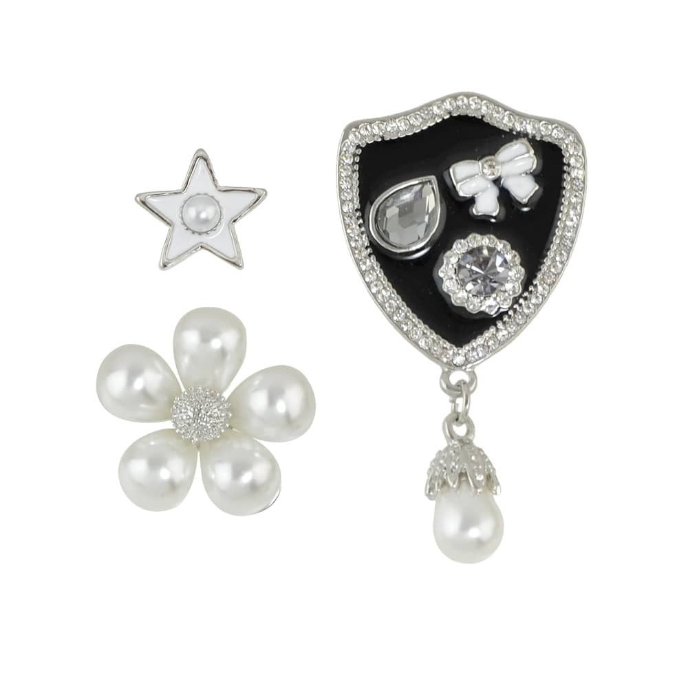 

3Pcs/Set Simulated Pearl Flower Star Bowknot Brooch, Black and white