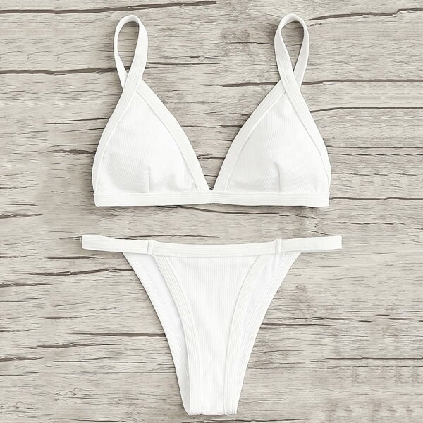 

Rib Triangle Plunge Bikini Set, White