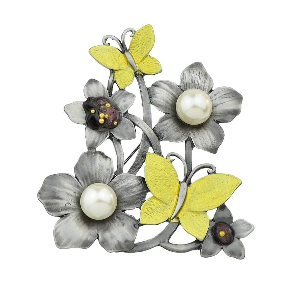 

Enamel Butterfely Flower Brooch, Multicolor