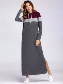 Color Block Split Side Hooded Sweatshirt Dress - Dark Grey - View 1