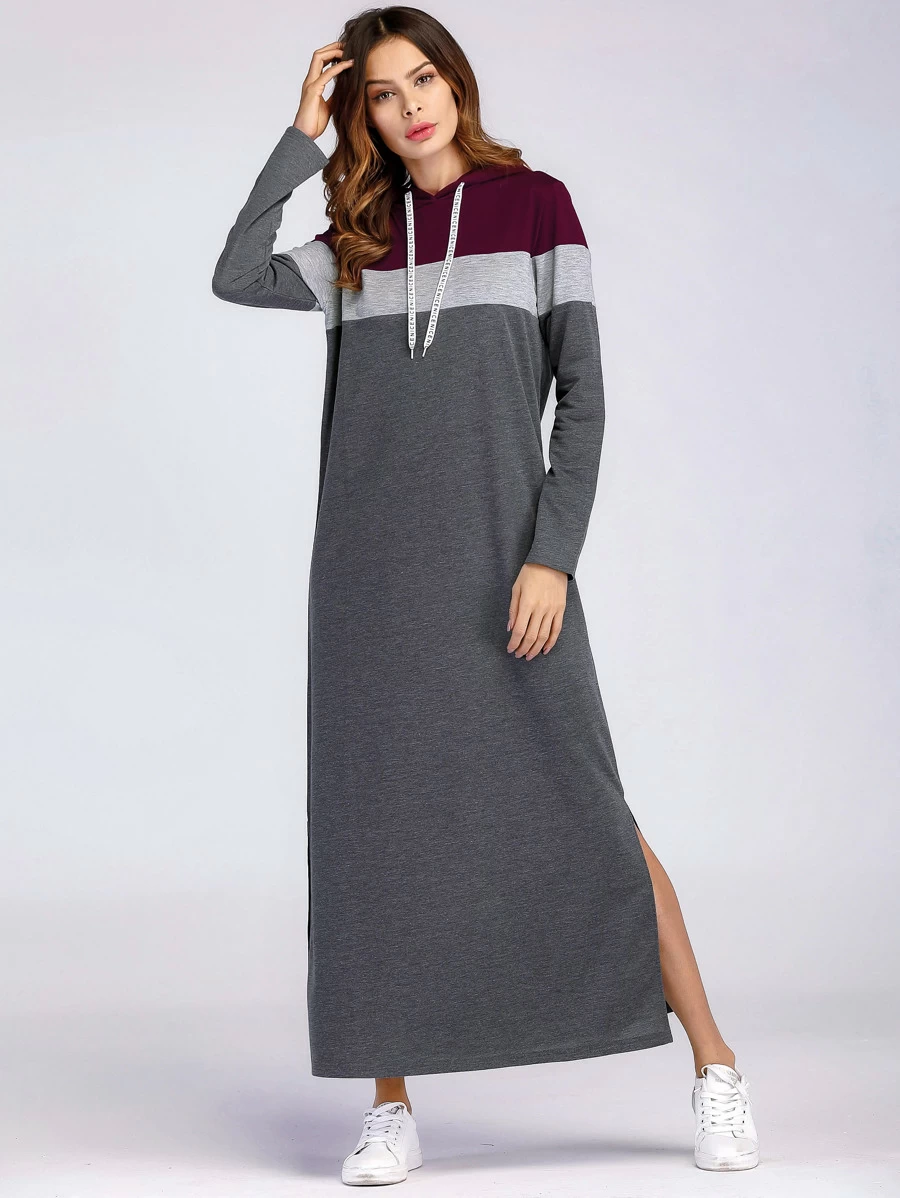 Color Block Split Side Hooded Sweatshirt Dress - Dark Grey - View 1