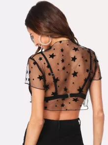 SHEIN Star Print Sheer Mesh Crop Top - Black - View 2