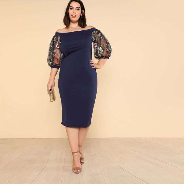 

Plus Off Shoulder Pencil Dress With Embroidered Mesh Sleeve, Navy