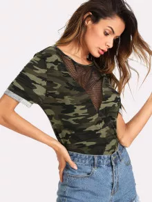 SHEIN Unity 迷彩圖案漁網拼接短袖T恤 - 彩色 - 查看 4