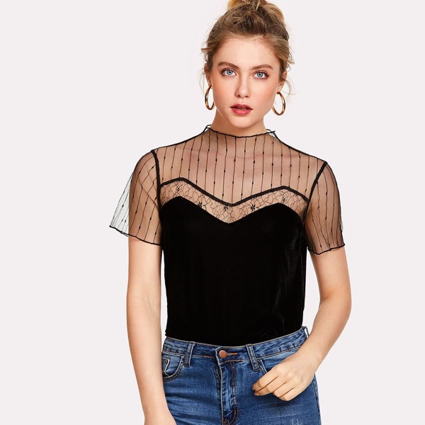

Striped Mesh Yoke Velvet Top
