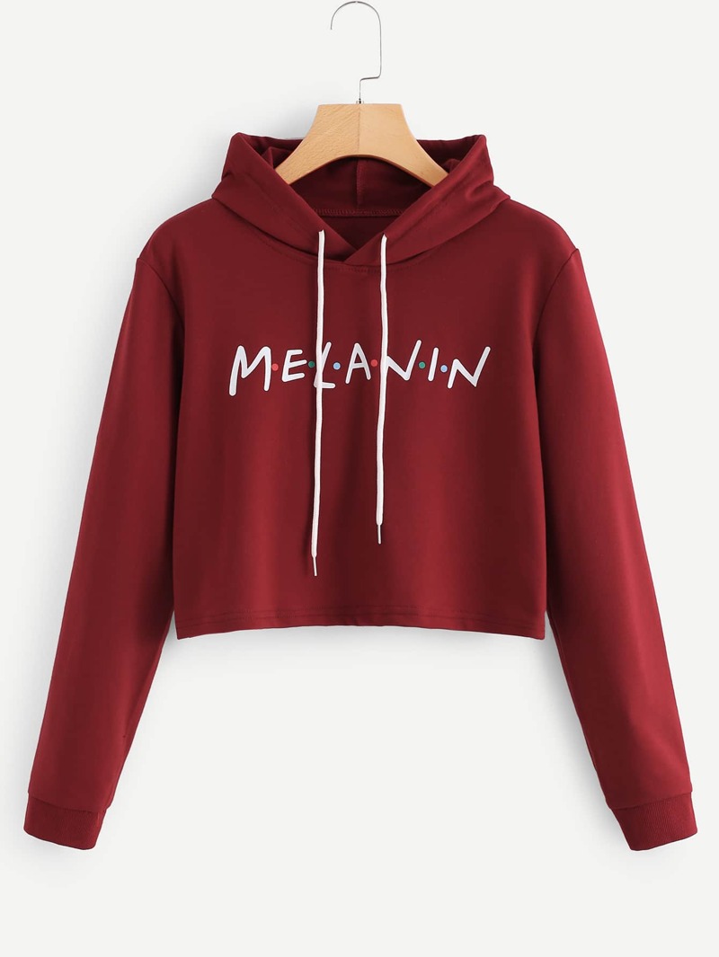 

Letter Print Drawstring Hoodie, Burgundy
