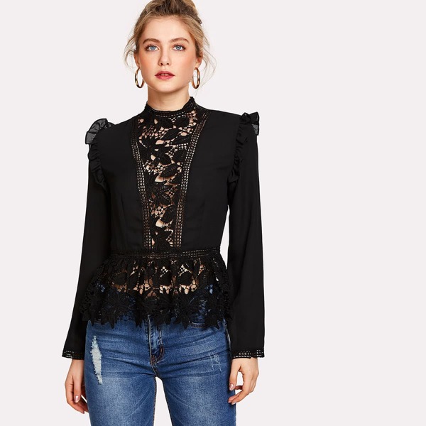 

Guipure Lace Panel Ruffle Peplum Top