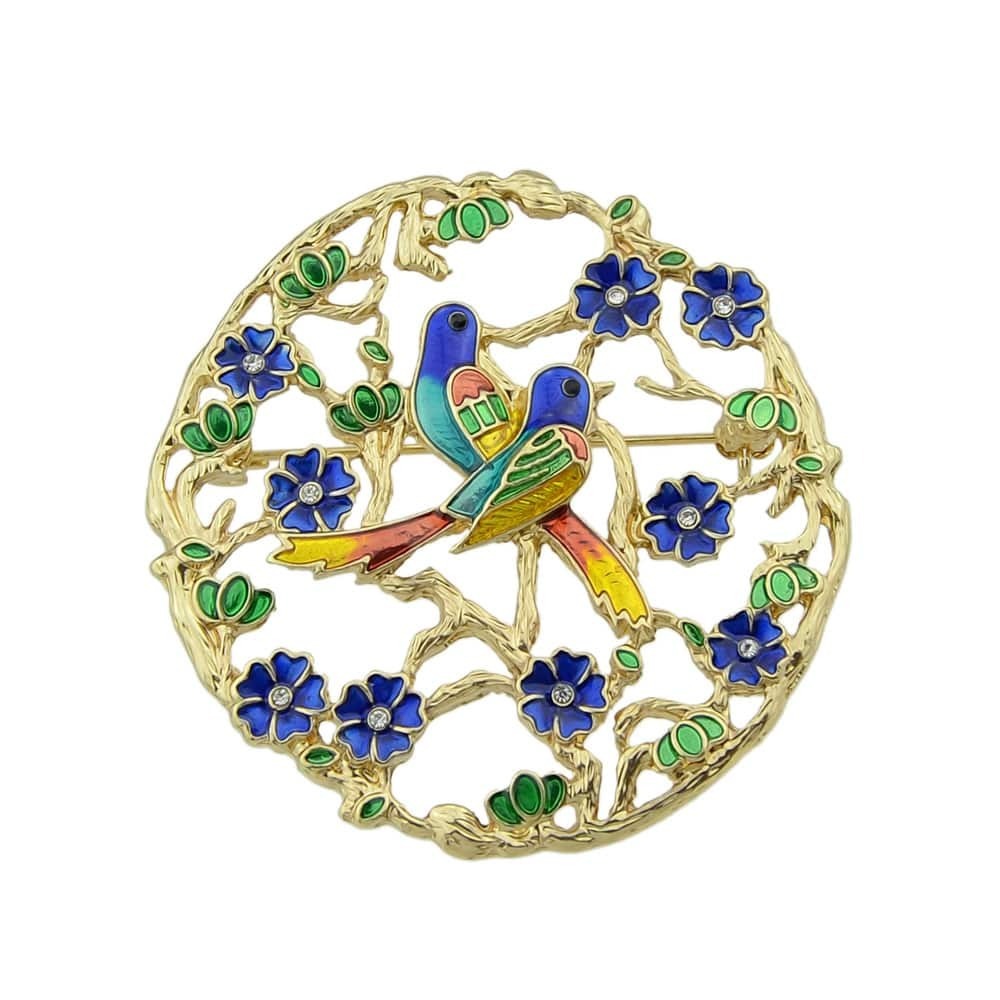 

Enamel Branch Flower Bird Round Brooch, Multicolor