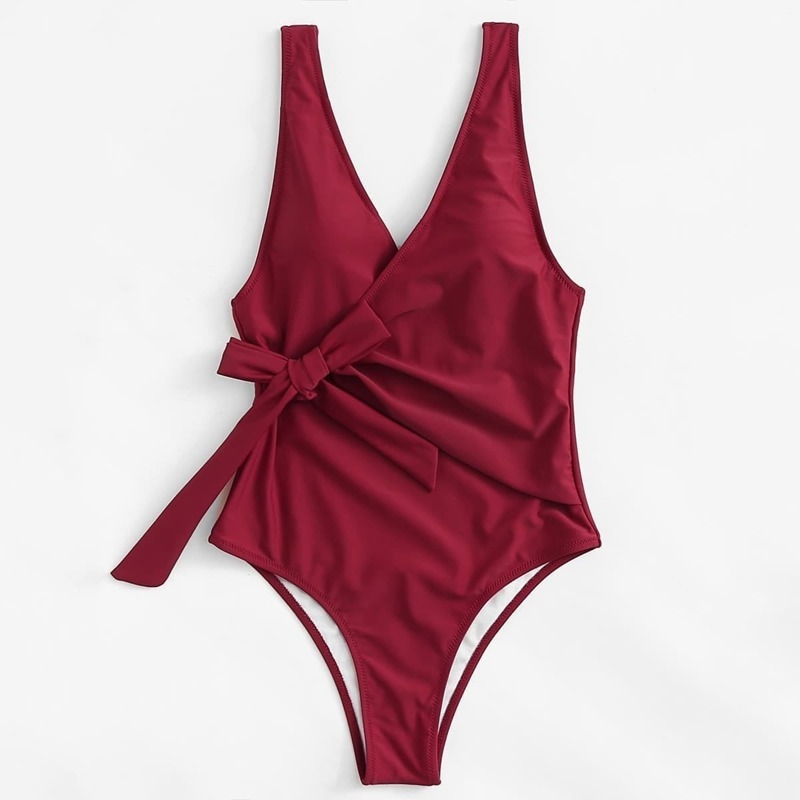 

Self Tie Low Back Surplice One Piece Swimsuit, Burgundy