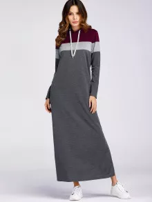 Color Block Split Side Hooded Sweatshirt Dress - Dark Grey - View 4