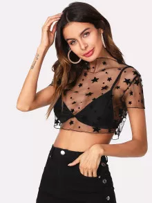 SHEIN Star Print Sheer Mesh Crop Top - Black - View 4