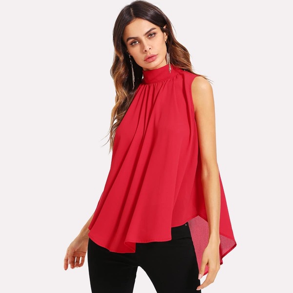 

Mock Neck Pleated Flowy Shell Top, Red
