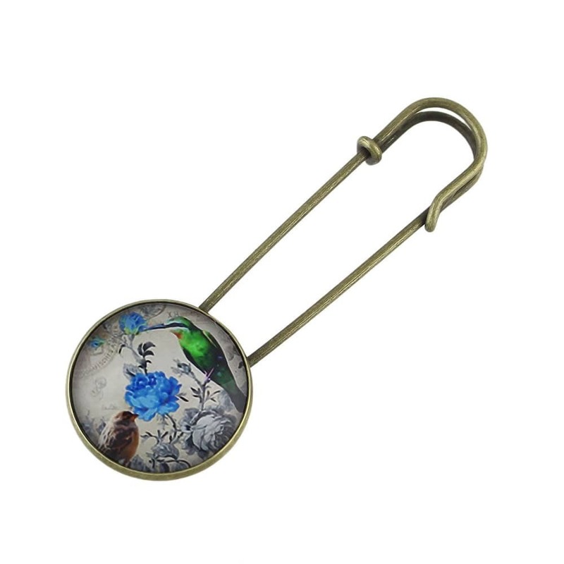 

5 Bird Hummingbird Pattern Round Brooch, Multicolor