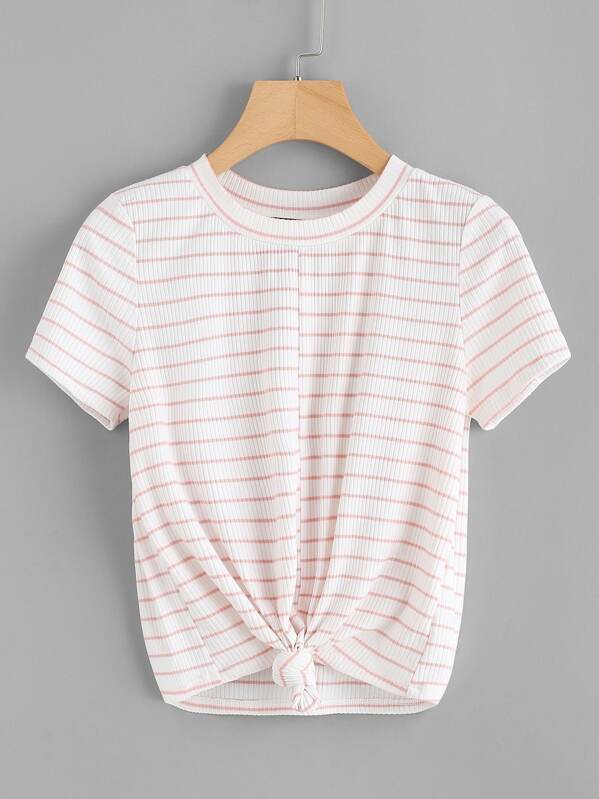 

Striped Print Ribbed Tee, Pink