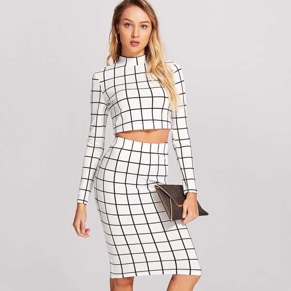 

Crop Grid Top & Pencil Skirt Set, Black and white