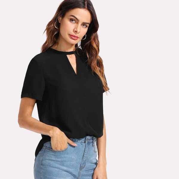 

V Cut Neck Curved Hem Top, Black