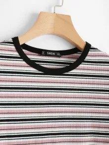 SHEIN Qutie 拼接邊條紋印花羅紋T - 彩色 - 查看 3