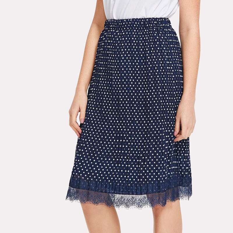 

Lace Hem Polka Dot Pleated Skirt, Navy