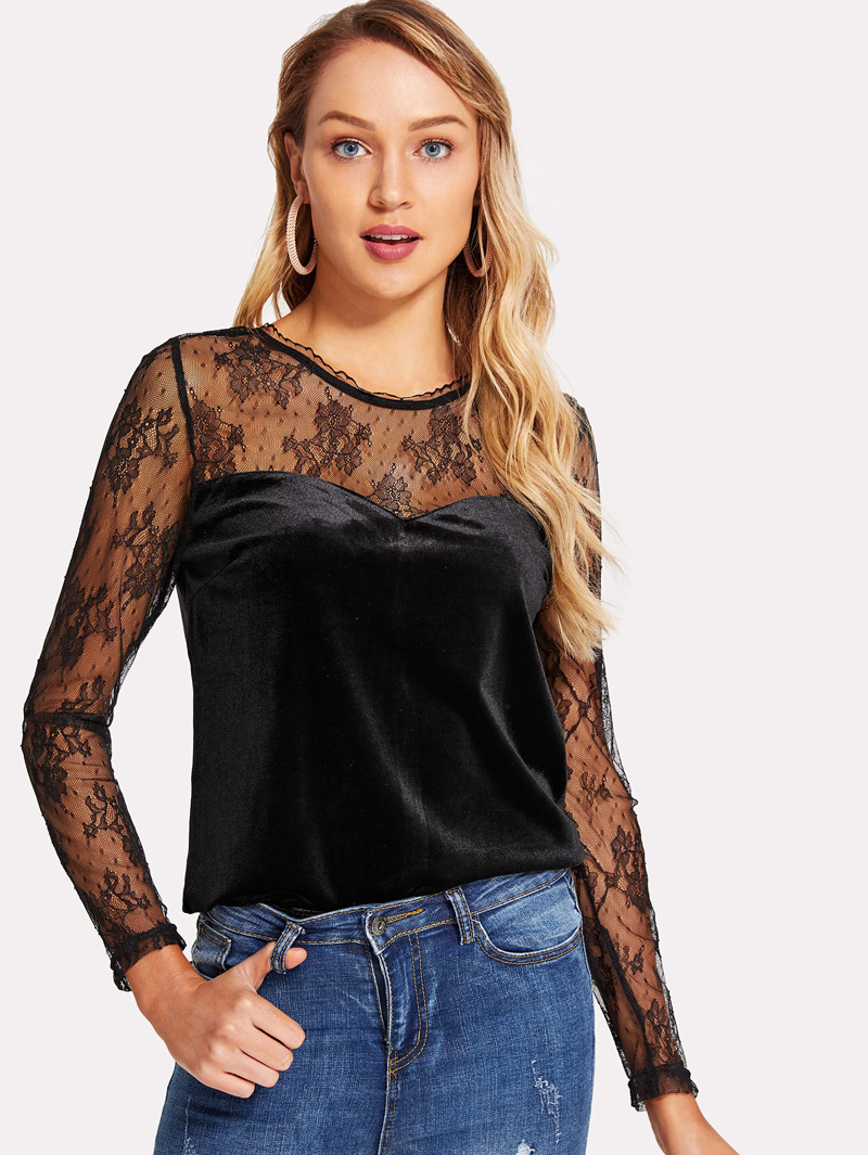 

Lace Sweetheart Velvet Top, Black