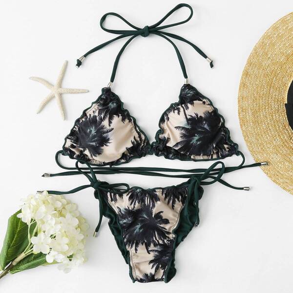 

Palm Print Triangle Halter Top With Self Tie Side Bikini, Multicolor