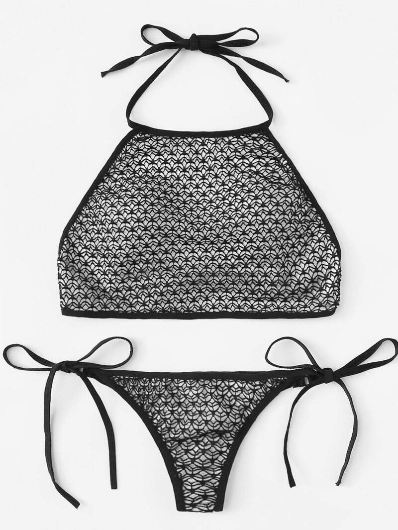

High Neck Net Tie Side Lingerie Set, Black