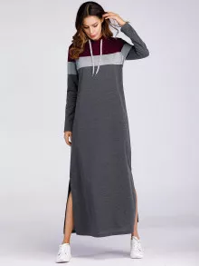 Color Block Split Side Hooded Sweatshirt Dress - Dark Grey - View 5