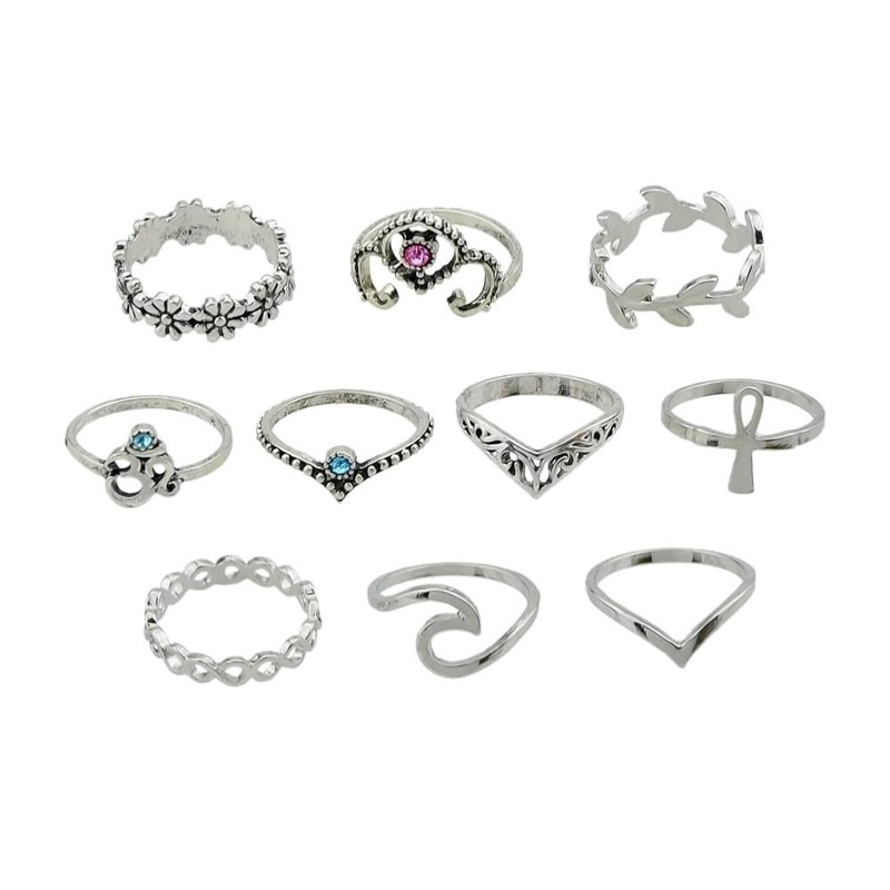 

10 Pcs/Set Flower Leaf Rhinestone Rings, Silver