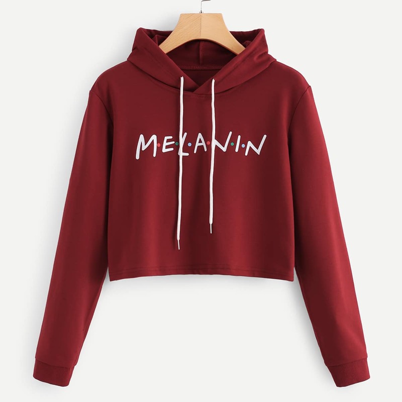 

Letter Print Drawstring Hoodie, Burgundy