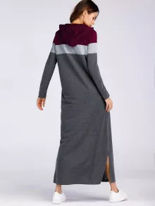 Color Block Split Side Hooded Sweatshirt Dress - Dark Grey - View 2