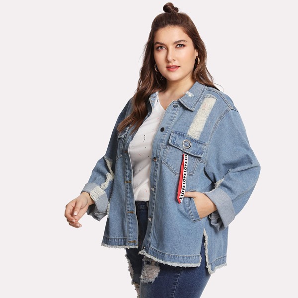 

Plus Letter Ribbon Detail Raw Hem Denim Jacket