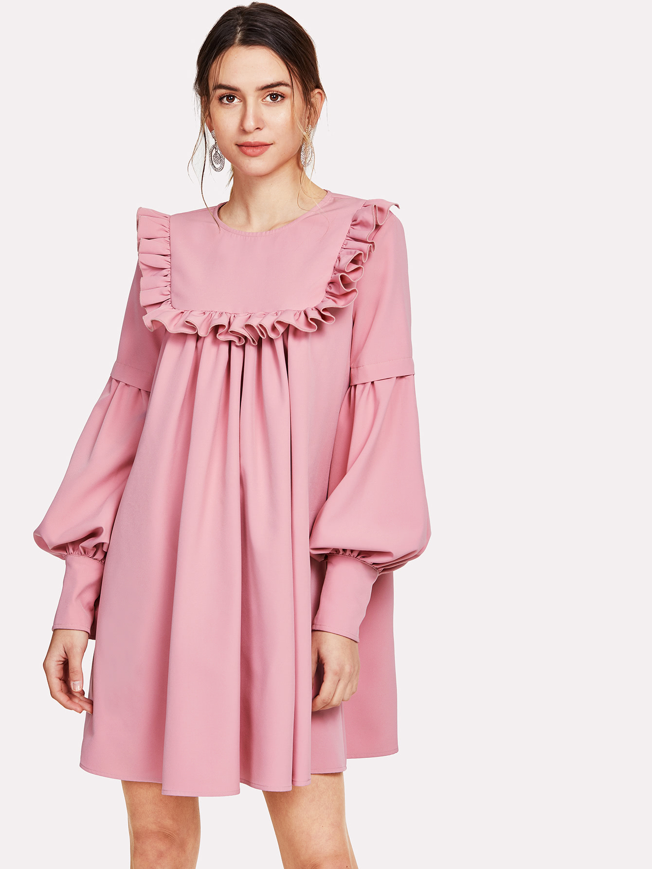 ruffle yoke lantern sleeve flowy dress