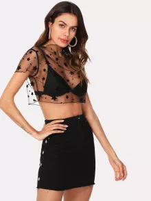SHEIN Star Print Sheer Mesh Crop Top - Black - View 3