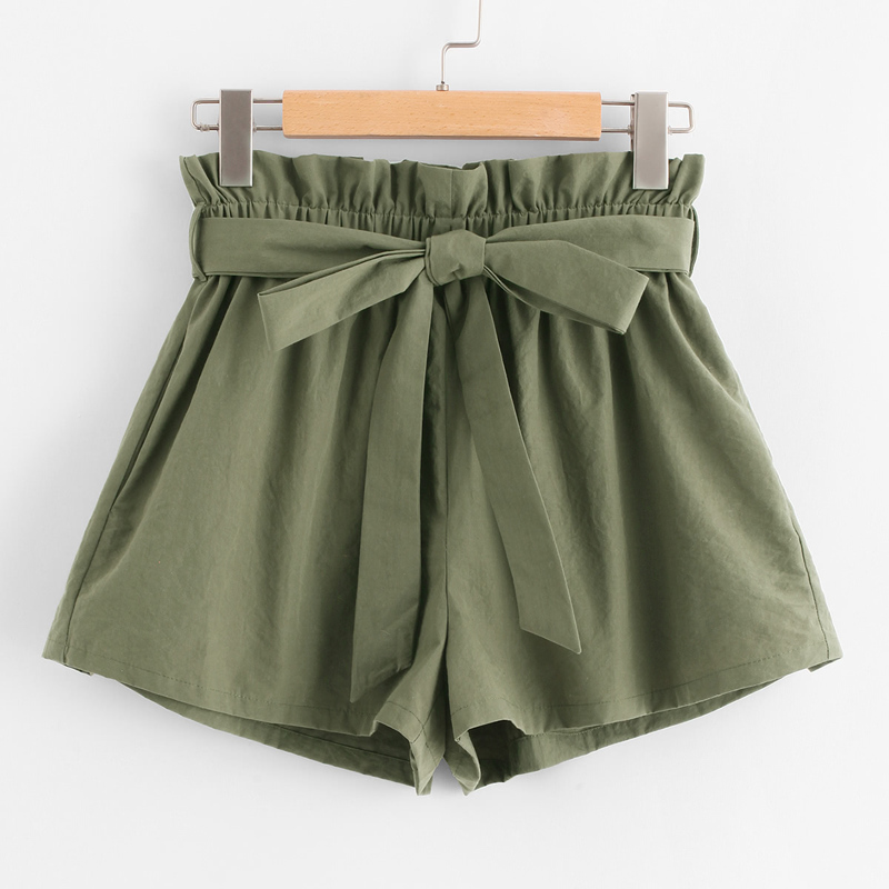 

Ruffle Waist Self Belt Paperbag Shorts, Army green