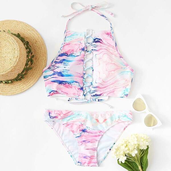 

Tie Dye Lace-up Front High Neck Bikini