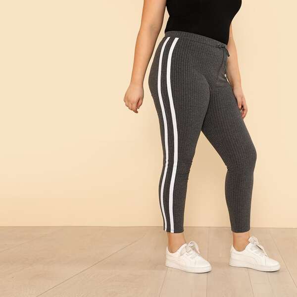 

Plus Drawstring Waist Rib Knit Striped Leggings