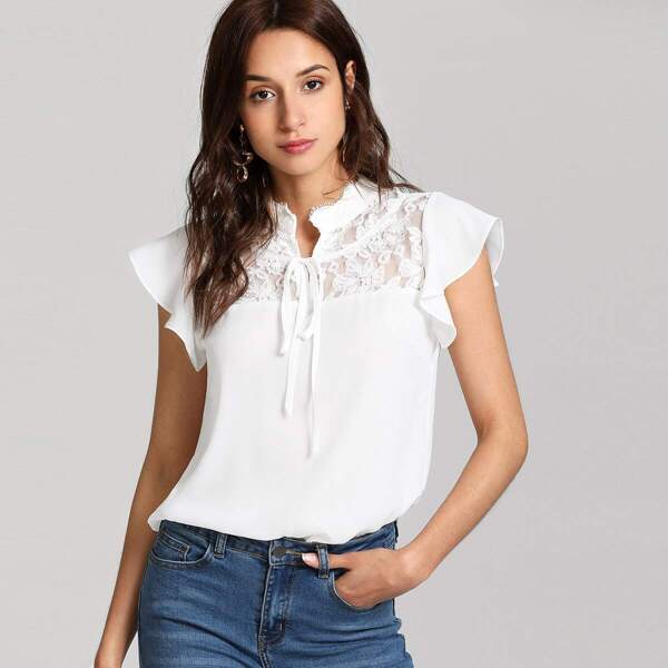 

Lace Yoke Tie Front Ruffle Top