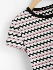 SHEIN Qutie 拼接邊條紋印花羅紋T - 彩色 - 查看 4