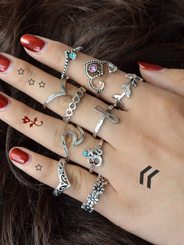 

10 Pcs/Set Flower Leaf Rhinestone Rings, Silver