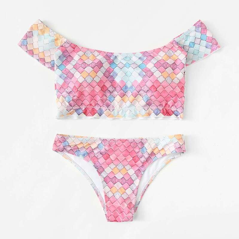 

Geometric Print Bardot Bikini Set, Multicolor